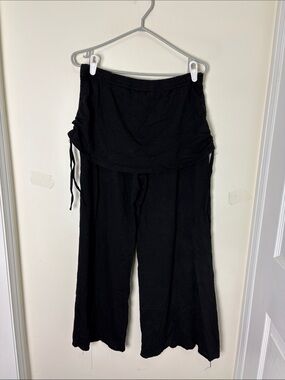 Black Wide-Leg Relaxed Boho Pants with Drawstring Skirt Overlay